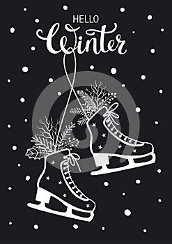 Black and white hand drawn hello winter greeting card with hanging skates photo