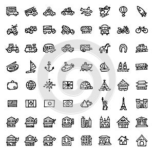 64 black and white hand drawn icons - TRANSPORTATION & ARCHITECTURE