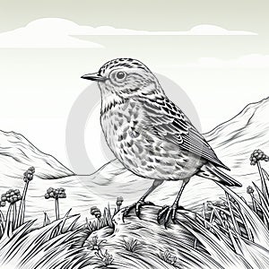 Black And White Hand Drawn Illustration Of Brown Thrush On Rocks