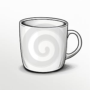 A black and white hand drawn illustration of a hot coffee in a mug.