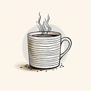 A black and white hand drawn illustration of a hot coffee in a mug.