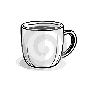 A black and white hand drawn illustration of a hot coffee in a mug.