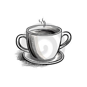 A black and white hand drawn illustration of a hot coffee in a mug.