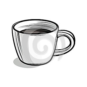 A black and white hand drawn illustration of a hot coffee in a mug.