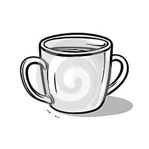 A black and white hand drawn illustration of a hot coffee in a mug.