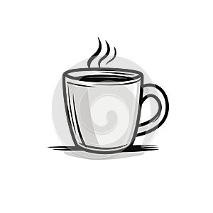 A black and white hand drawn illustration of a hot coffee in a mug.