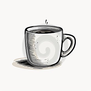 A black and white hand drawn illustration of a hot coffee in a mug.