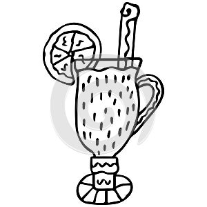 Black-white hand-drawn mulled wine in a glass with an orange slice and a cinnamon stick. Scandinavian style. Isolated doodle.