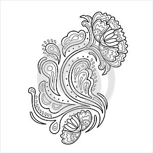 Black and white hand drawn paisley floral ornament