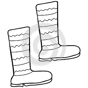Black and white hand-drawn rubber boots with wavy and straight stripes. Isolated doodle. Coloring page. Shoes for gardening, autum