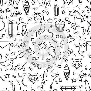 Black and white hand drawn seamless pattern with unicorns.