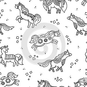 Black and white hand drawn seamless pattern with unicorns.