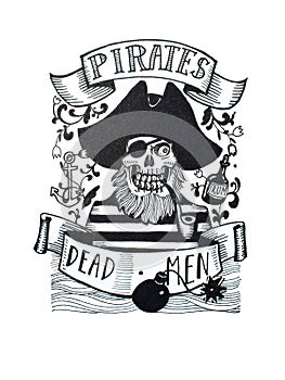 Black and white hand drawn sketch of pirate s skull in cocked hat and piratic symbols and labels