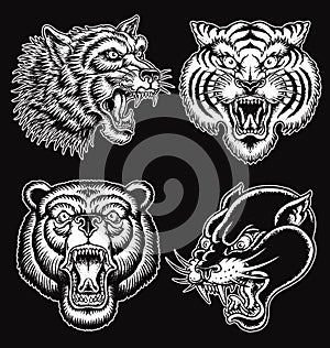 Black and White hand drawn tattoo style animal faces