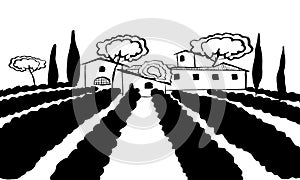 Black and white hand drawn Toscana countryside