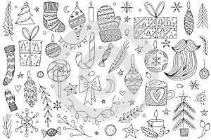 Black and white hand drawn vector christmas doodle set. monochrome christmas doodle collection.