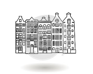 Black and white hand drawn vector illustration of multistory city buildings, downtown houses