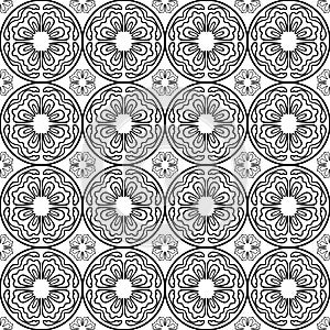 Black on white hand drawn wavy line tile in a circle seamless repeat pattern background