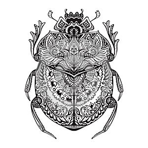 Black and white hand drawn zentangle stylized scarab.