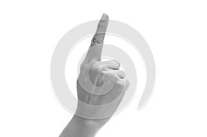 Black and white hand pointing, touching or pressing isolated on white. Caucasian female.