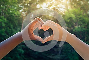 Black and white hands in heart shape, interracial friendship concept photo