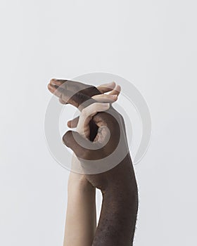 black white hands holding sideways. High quality photo