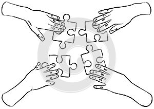 Black and white hands with puzzles teamwork