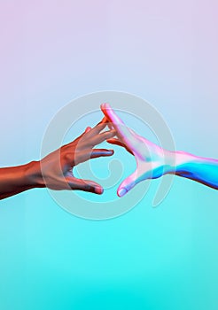 Black and white hands reaching for each other. Futuristic humanity background.
