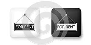 Black and white Hanging sign with text For rent icon isolated on white background. Square button. Vector