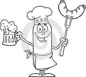 Black And White Happy Chef Sausage Cartoon Character Holding A Beer And Weenie On A Fork