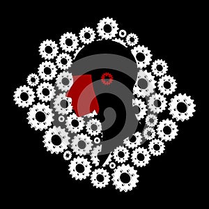 Black and white head silhouette on white cogs