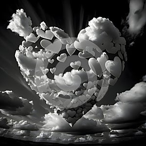 Black and white heart against the background of the sky u formulated with clouds and white tiny heaHeart as a symbol of