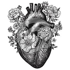 Black and white heart drawing with flowers, engraving, romanticism, anatomical heart, nature tattoo