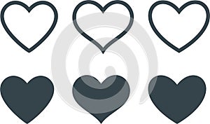 Black and white heart icons set. Concept of love isolated vector.