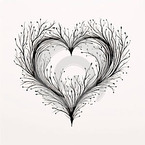 Black and white heart made of plant vines. Heart as a symbol of affection and love