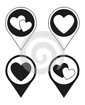 Black and white heart map pointer set