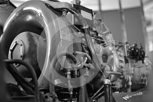 Black and white helicopter engine