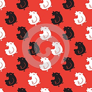Black White Hen Chicken Coop Silhouette in Red Pattern