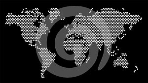 Black and white hexagonal pixel world map. Vector illustration planet Earth continents hexagon map