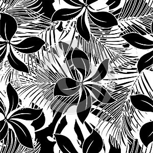 Black and white hibiscus seamless pattern