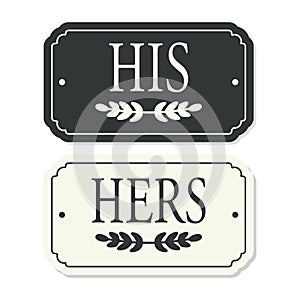 Black and white His and Hers message plates and leaf motif with wholes design element on white