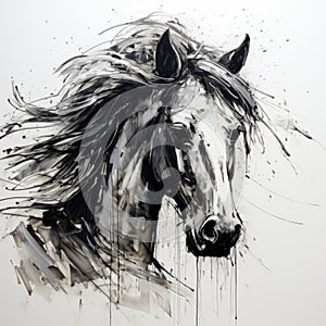 Black And White Horse Painting With Fluid Movement And Emotionally-charged Brushstrokes