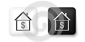 Black and white House with dollar icon isolated on white background. Home and money. Real estate concept. Square button