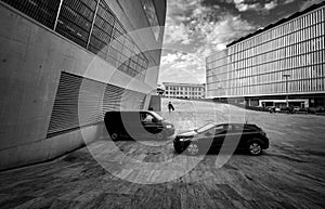 Black and white. House of Music in Porto. Contemporary Portuguese architecture. Backyard. Porto. Portugal