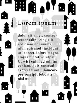 Black and white houses and buildings empty small town street poster template with a place for text, vector