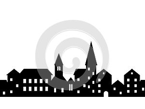 Black and white houses and buildings small town street seamless border, vector