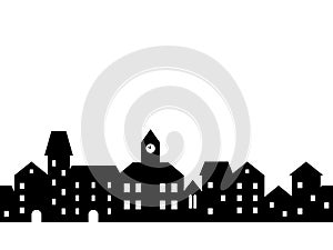 Black and white houses and buildings small town street seamless border, vector