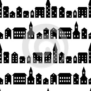 Black and white houses and buildings small town street seamless pattern, vector