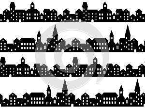 Black and white houses and buildings small town street seamless pattern, vector