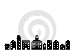 Black and white houses and buildings small town street, vector template illustration